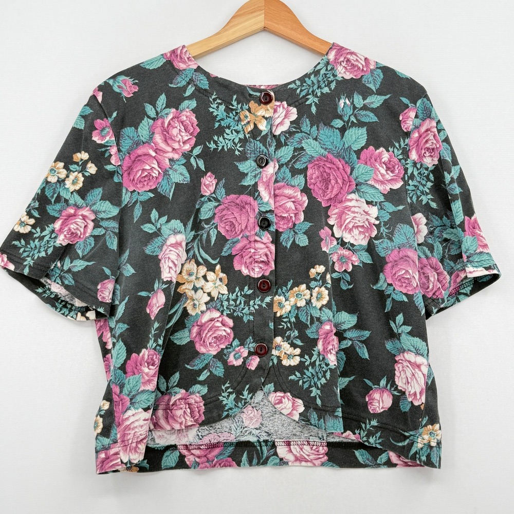 Fritzi California Floral Boxy Top Women Large Black Pink Vintage 90s Cottagecore